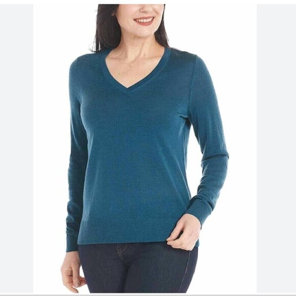 Katherine Barclay Extra Fine Merino Wool V-Neck Sweater Size S Teal Blue NWT - Picture 2 of 8